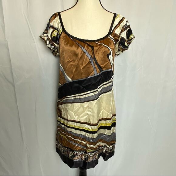 Kale Bob Womens Silk Short Sleeve Mini Dress Size Small Retro Pattern Sun Dress - Picture 1 of 8